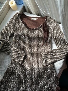 Precious Brown Drop Waist Tweed Frilly Dress